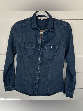 LOFT Vintage Denim L/S Lined Button Down Blouse, Size SP.